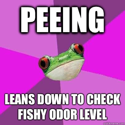 Peeing Leans down to check fishy odor level  Foul Bachelorette Frog