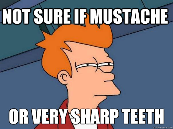 Not sure if mustache Or very sharp teeth   Futurama Fry