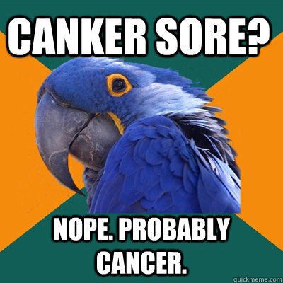 canker sore? nope. probably cancer. - canker sore? nope. probably cancer.  Paranoid Parrot