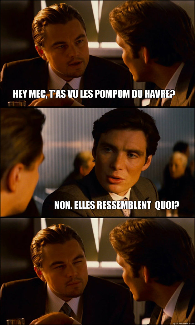 Hey mec, t'as vu les pompom du havre? Non. Elles ressemblent à quoi?  Inception