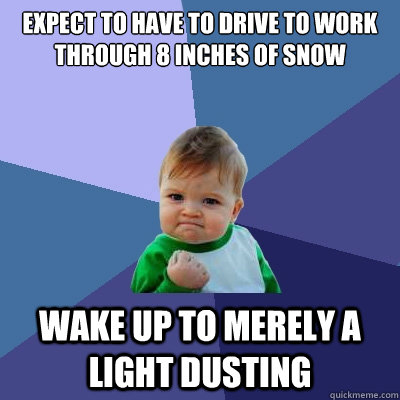 Expect to have to drive to work through 8 inches of snow wake up to merely a light dusting  Success Kid