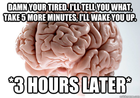 Damn your tired. I'll tell you what, take 5 more minutes, I'll wake you up. *3 hours later*  Scumbag Brain