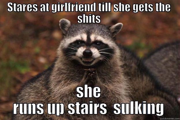 STARES AT GIRLFRIEND TILL SHE GETS THE SHITS SHE RUNS UP STAIRS  SULKING Evil Plotting Raccoon