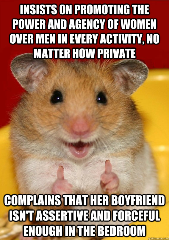 Insists on promoting the power and agency of women over men in every activity, no matter how private Complains that her boyfriend isn't assertive and forceful enough in the bedroom    Rationalization Hamster