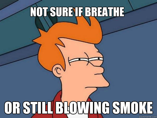 Not sure if breathe Or still blowing smoke  Futurama Fry