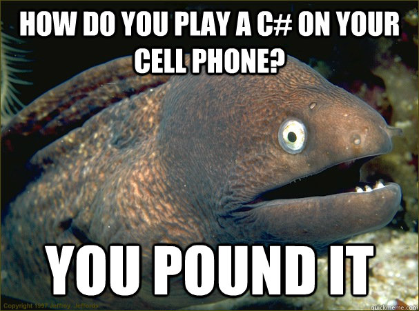 How do you play a c# on your cell phone?  You pound it  Bad Joke Eel