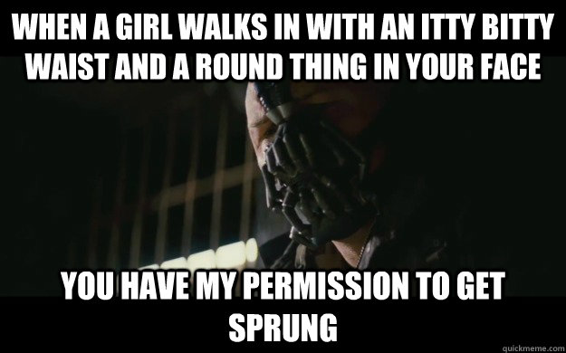 When a girl walks in with an itty bitty waist and a round thing in your face You have my permission to get sprung - When a girl walks in with an itty bitty waist and a round thing in your face You have my permission to get sprung  Badass Bane