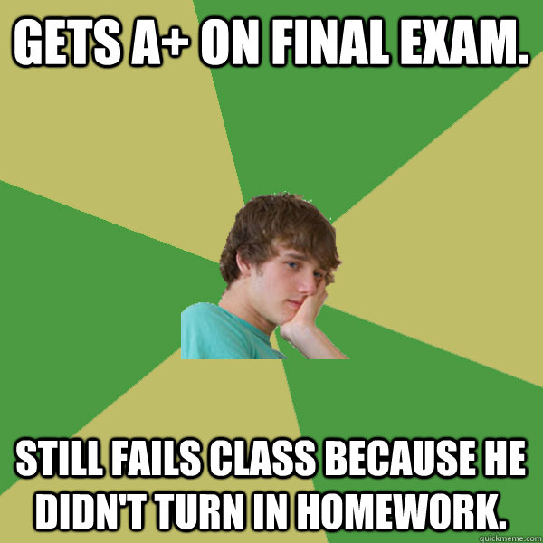 Gets A+ on final exam. Still fails class because he didn't turn in homework. - Gets A+ on final exam. Still fails class because he didn't turn in homework.  ADHD Kid