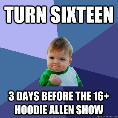 turn sixteen 3 days before the 16+ hoodie allen show  Success Kid