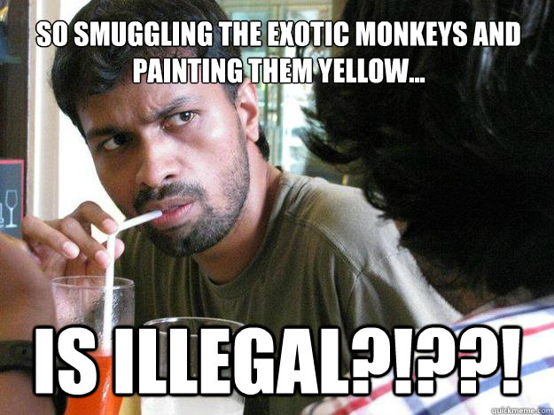 So smuggling the exotic monkeys and painting them yellow... is illegal?!??!  