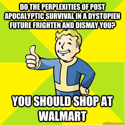 do the perplexities of post apocalyptic survival in a dystopien future frighten and dismay you? you should shop at walmart  Fallout new vegas