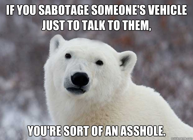 if you sabotage someone's vehicle just to talk to them, you're sort of an asshole.  Popular Opinion Polar Bear