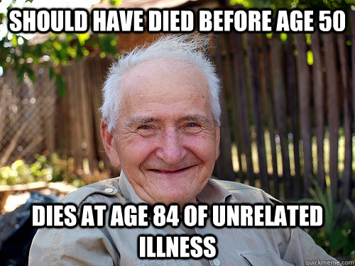 Should have died before age 50 dies at age 84 of unrelated illness  