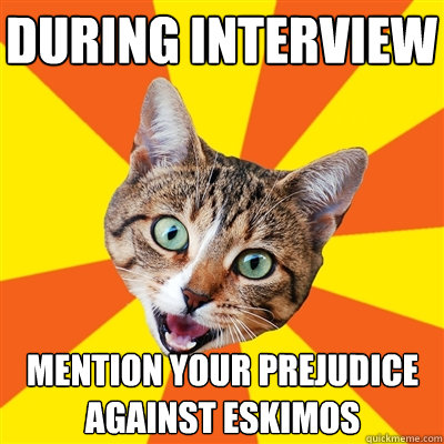 During interview mention your prejudice against eskimos  Bad Advice Cat