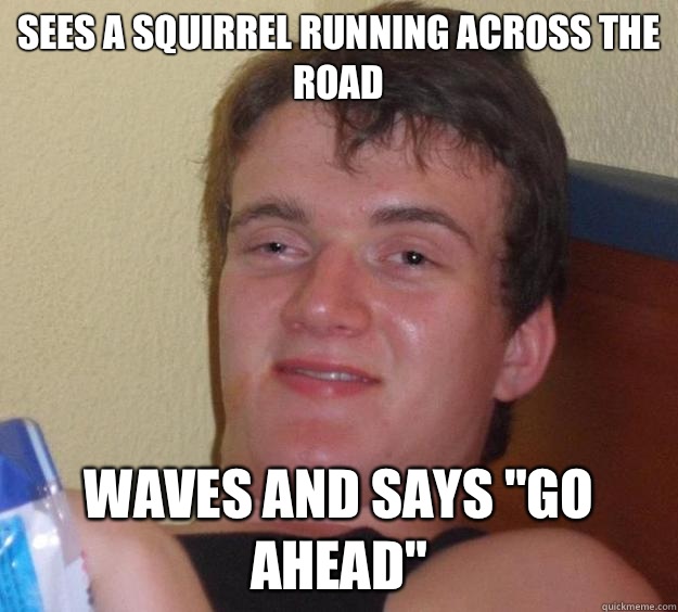 Sees a squirrel running across the road
 Waves and says 