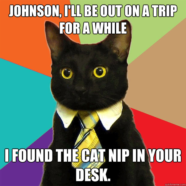 Johnson, I'll be out on a trip for a while I found the cat nip in your desk.  Business Cat