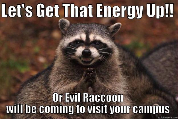 LET'S GET THAT ENERGY UP!!  OR EVIL RACCOON WILL BE COMING TO VISIT YOUR CAMPUS Evil Plotting Raccoon