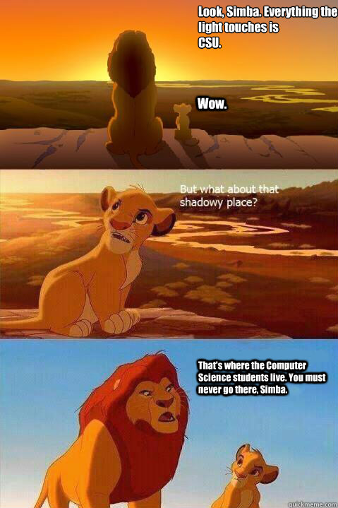 Look, Simba. Everything the light touches is 
CSU. Wow. That's where the Computer Science students live. You must never go there, Simba.   Lion King Shadowy Place