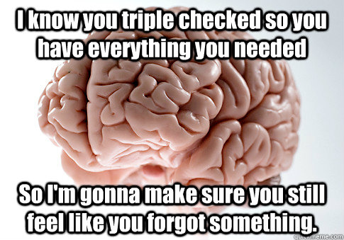 I know you triple checked so you have everything you needed So I'm gonna make sure you still feel like you forgot something.   Scumbag Brain