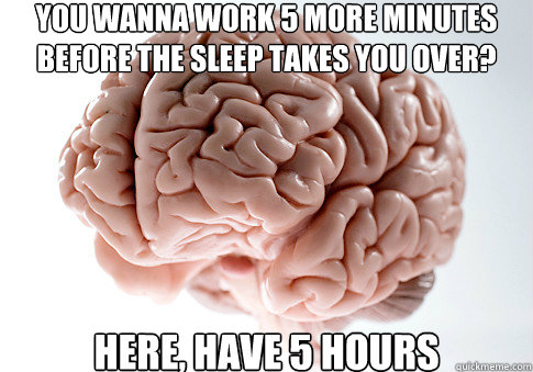 YOU WANNA WORK 5 MORE MINUTES BEFORE THE SLEEP TAKES YOU OVER? HERE, HAVE 5 HOURS   Scumbag Brain