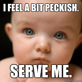 I feel a bit peckish. Serve me.  Serious Baby