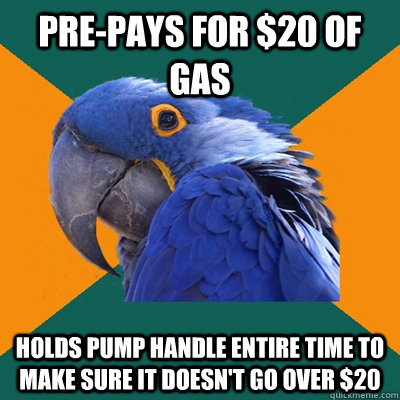 Pre-pays for $20 of gas holds pump handle entire time to make sure it doesn't go over $20 - Pre-pays for $20 of gas holds pump handle entire time to make sure it doesn't go over $20  Paranoid Parrot