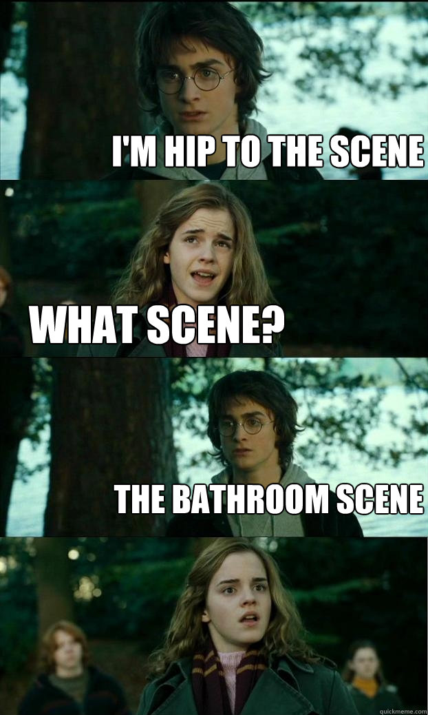 i'm hip to the scene what scene? the bathroom scene  Horny Harry