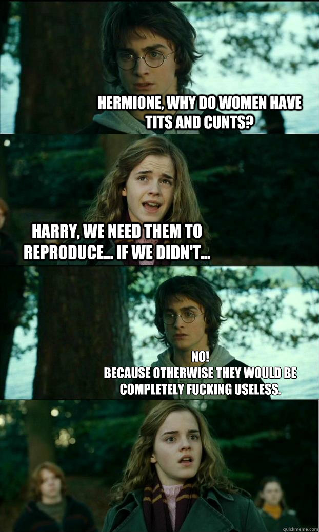 Hermione, why do women have tits and cunts?  Harry, we need them to reproduce... if we didn't... NO!
Because otherwise they would be completely fucking useless.
  Horny Harry