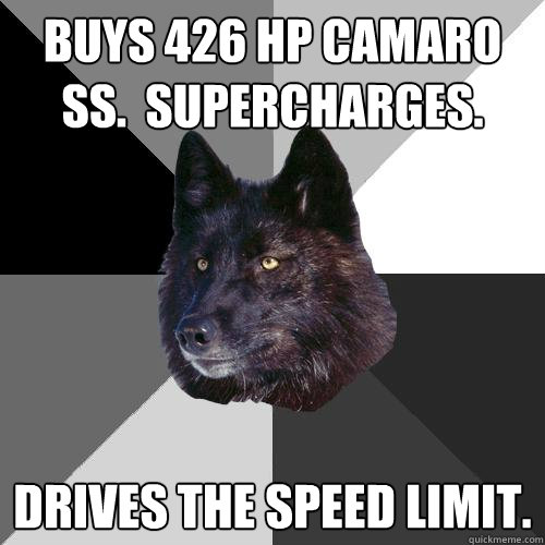 Buys 426 HP Camaro SS.  Supercharges. drives the speed limit.  Sanity Wolf