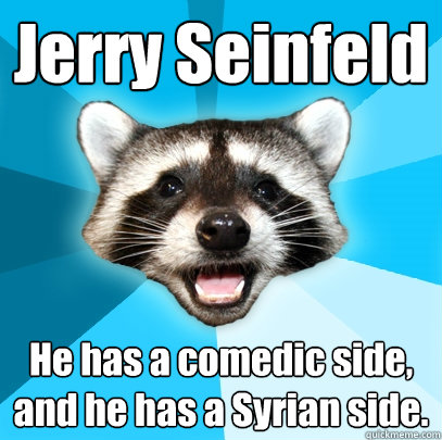 Jerry Seinfeld He has a comedic side, and he has a Syrian side. - Jerry Seinfeld He has a comedic side, and he has a Syrian side.  Lame Pun Coon