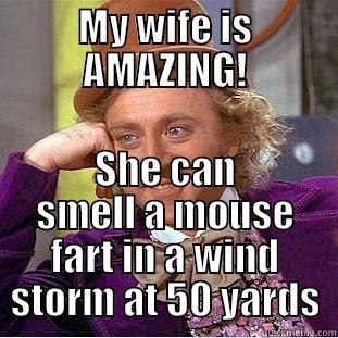 MY WIFE IS AMAZING! SHE CAN SMELL A MOUSE FART IN A WIND STORM AT 50 YARDS Condescending Wonka