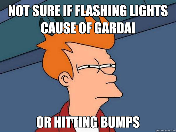 Not sure if flashing lights cause of gardai or hitting bumps  Futurama Fry