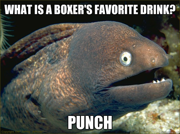 What is a boxer's favorite drink? Punch  Bad Joke Eel