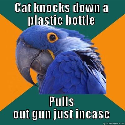 CAT KNOCKS DOWN A PLASTIC BOTTLE PULLS OUT GUN JUST INCASE Paranoid Parrot