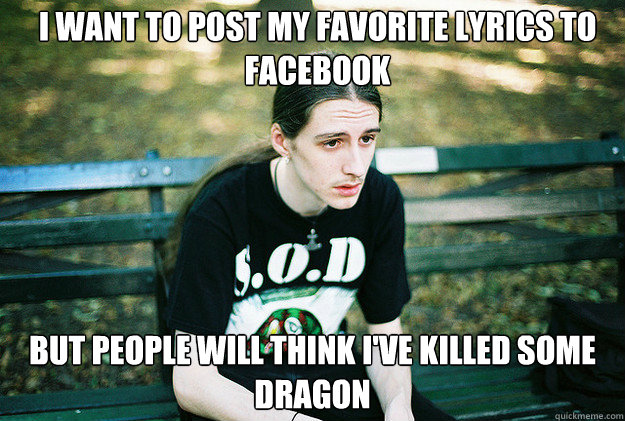 I want to post my favorite lyrics to facebook but people will think i've killed some dragon  First World Metal Problems