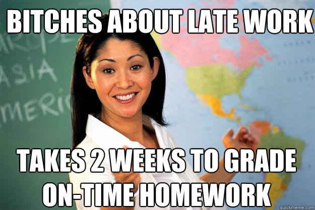 Bitches about late work Takes 2 weeks to grade on-time homework  Unhelpful High School Teacher