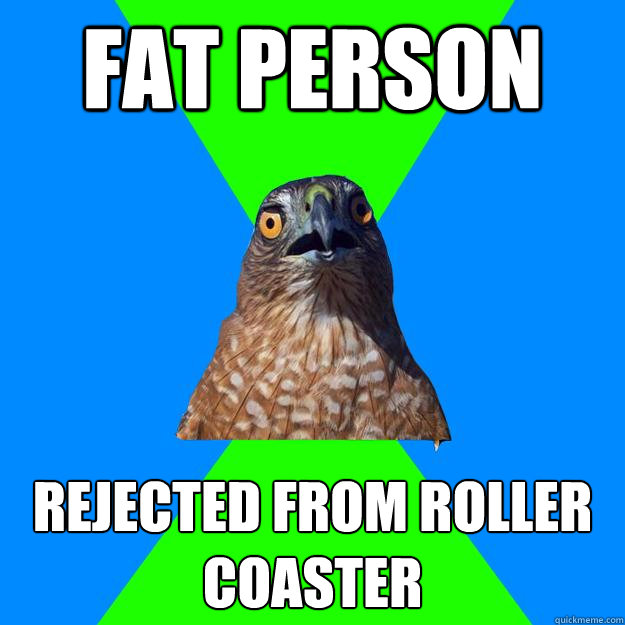 fat person rejected from roller coaster  Hawkward