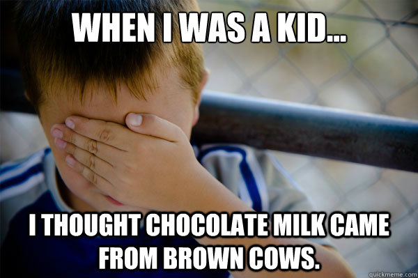 When I was a kid... I thought chocolate milk came from brown cows.  Confession kid