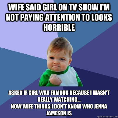 Wife said girl on tv show I'm not paying attention to looks horrible asked if girl was famous because i wasn't really watching...
now wife thinks I don't know who jenna jameson is
 - Wife said girl on tv show I'm not paying attention to looks horrible asked if girl was famous because i wasn't really watching...
now wife thinks I don't know who jenna jameson is
  Success Kid