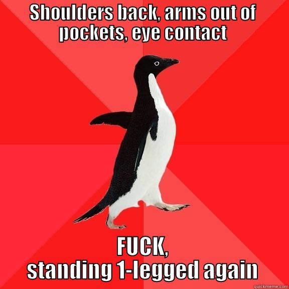 SHOULDERS BACK, ARMS OUT OF POCKETS, EYE CONTACT FUCK, STANDING 1-LEGGED AGAIN Socially Awesome Penguin