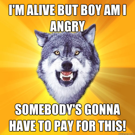 I'm alive but boy am I angry Somebody's gonna have to pay for this!  Courage Wolf