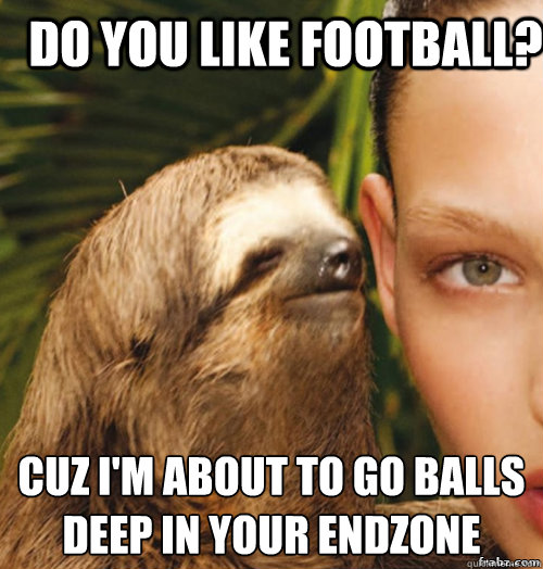 do you like football? cuz i'm about to go balls deep in your endzone
  rape sloth