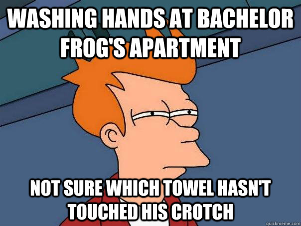 washing hands at bachelor frog's apartment not sure which towel hasn't touched his crotch  Futurama Fry