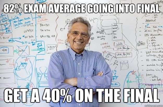 82% exam average going into final Get a 40% on the final - 82% exam average going into final Get a 40% on the final  Engineering Professor