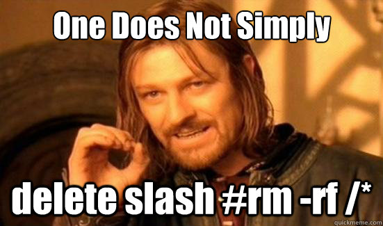 One Does Not Simply delete slash #rm -rf /*  Boromir