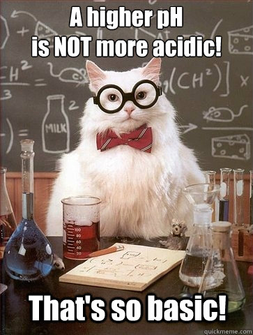 A higher pH 
is NOT more acidic! That's so basic!  Chemistry Cat