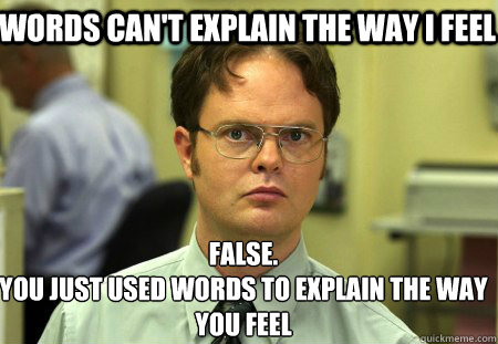 Words Can't explain the way i feel False.
You just used words to explain the way you feel  Schrute