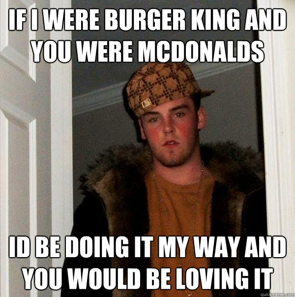 if i were burger king and you were mcDonalds  id be doing it my way and you would be loving it   Scumbag Steve