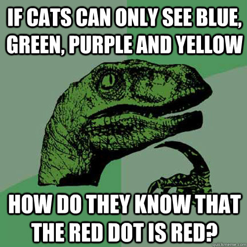 If cats can only see blue, green, purple and yellow How do they know that the red dot is red?  Philosoraptor