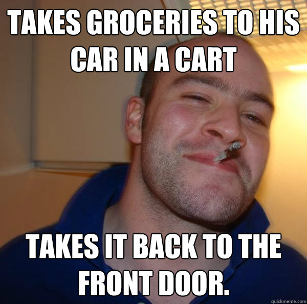 Takes groceries to his car in a Cart Takes it back to the front door. - Takes groceries to his car in a Cart Takes it back to the front door.  Misc